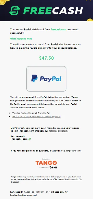 Freecash withdrawal confirmation